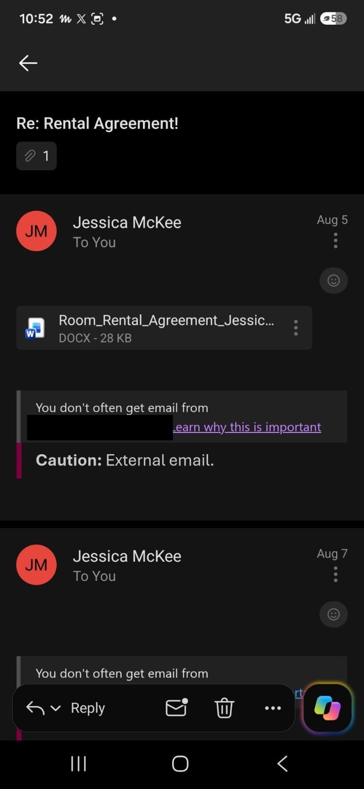 Email from Jessica McKee, August 5, 2026, with the Room Rental Agreement attached