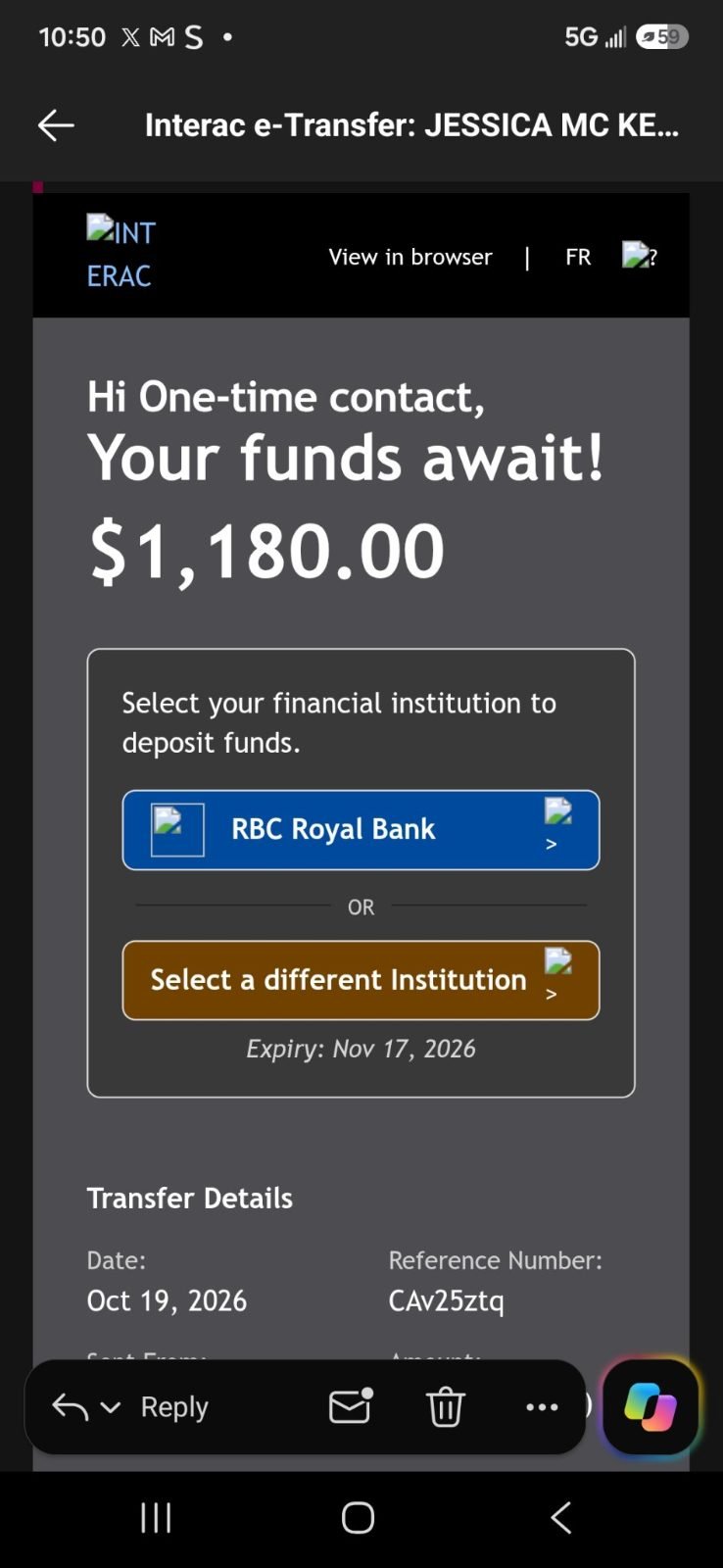 Interac e-Transfer notification for $1,180 from the landlord, October 19, 2026